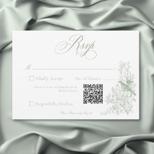 Elegant Green Chinoiserie Nature Birds Wedding QR RSVP Card