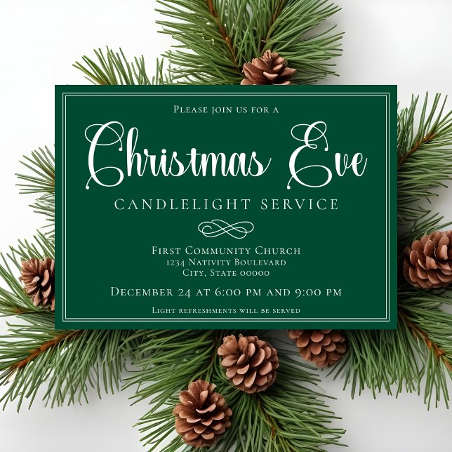 Elegant Green Christmas Eve Candlelight Service Invitation (Creator Uploaded)