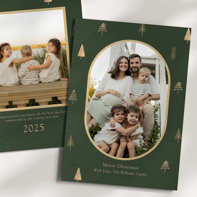 Elegant Green Christmas Photo Card with Gold Trees (Creator Uploaded)