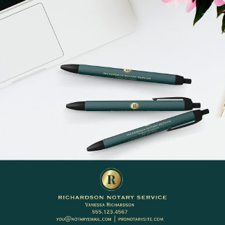 Elegant Green Classic Gold Monogram Promo Notary Black Ink Pen
