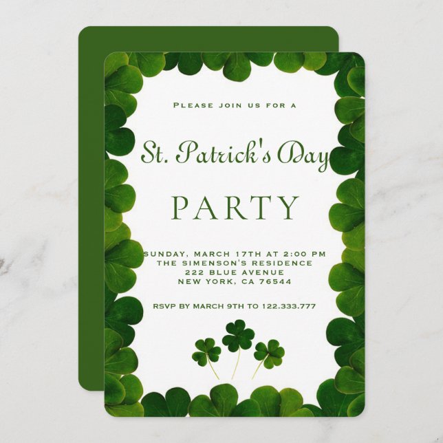 Elegant Green Clover Frame St.Patrick Party Invitation (Front/Back)