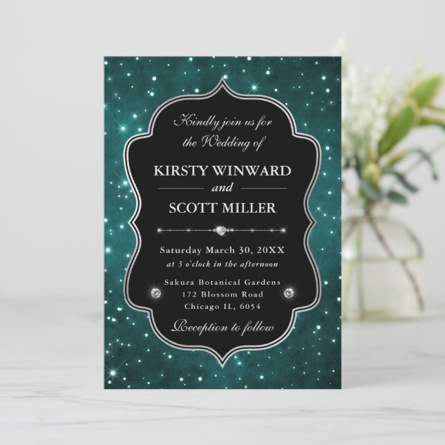 Elegant green constellation frame Wedding Invitation (Standing Front)