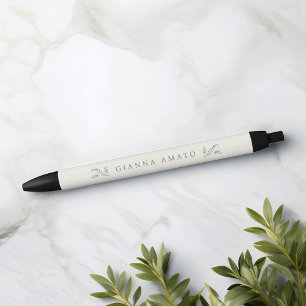 Elegant Green & Cream Botanical Personalised Black Ink Pen