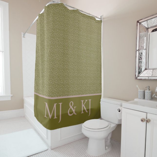 ELEGANT GREEN CREAM MONOGRAM INITIAL LEAF PATTERN  SHOWER CURTAIN (In Situ)