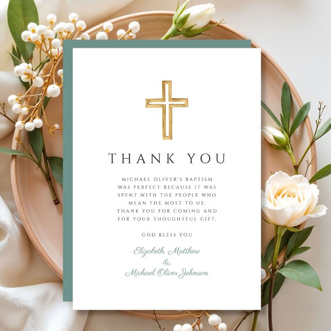 Elegant Green Cross Boy Baptism Thank You Card (Elegant Green Cross Boy Baptism Thank You Card)