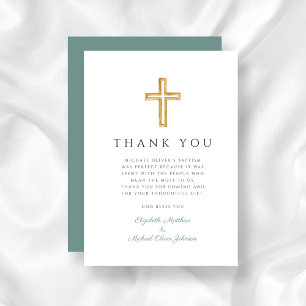 Elegant Green Cross Boy Baptism Thank You Card