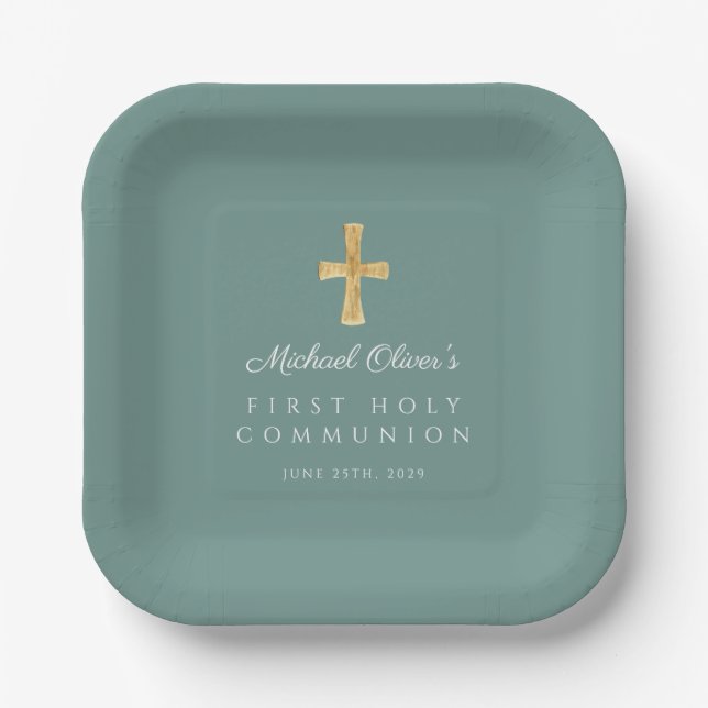 Elegant Green Cross Boy First Communion Paper Plate (Front)