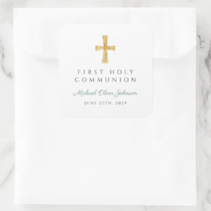 Elegant Green Cross Boy First Communion Thank You Square Sticker