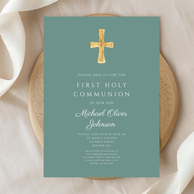 Elegant Green Cross Boy First Holy Communion Invitation (Elegant Green Cross Boy First Holy Communion Invitation)