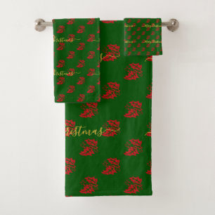 Elegant Green Custom Christmas Holly Bath Towel Set
