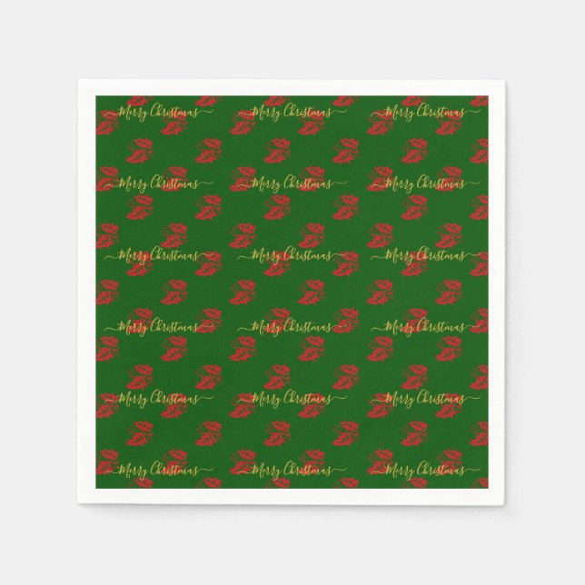 Elegant Green Custom Christmas Holly Paper Napkin (Front)