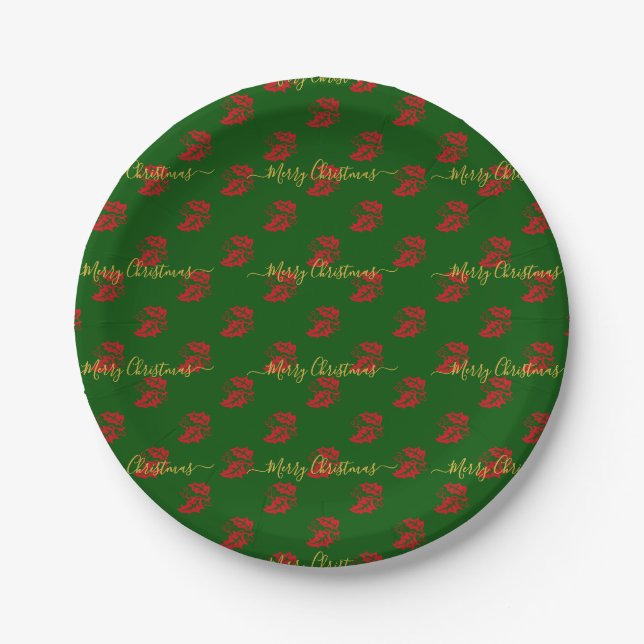 Elegant Green Custom Christmas Holly Paper Plate (Front)