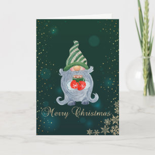 Elegant Green,Cute Gnome, Pine Tree Branches  Holiday Card