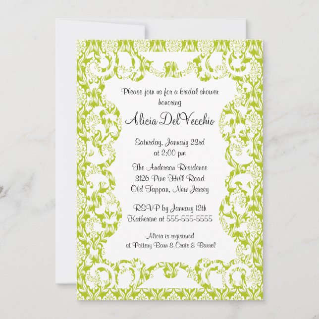 Elegant Green Damask Bridal Shower Invitation (Front)