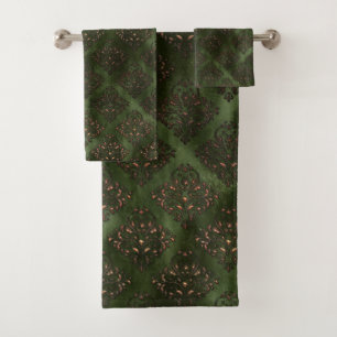 Elegant Green Damask Bronze Bathroom Bath Towel Set
