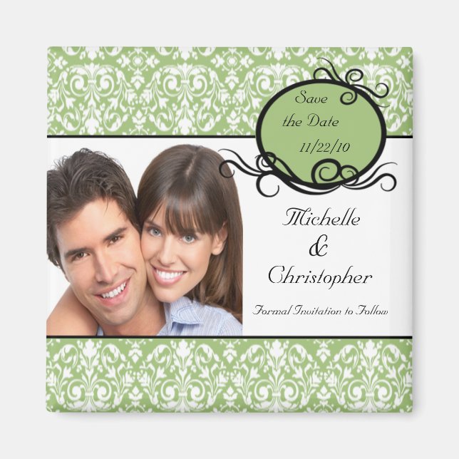 Elegant Green Damask Photo Save The Date Magnet (Front)