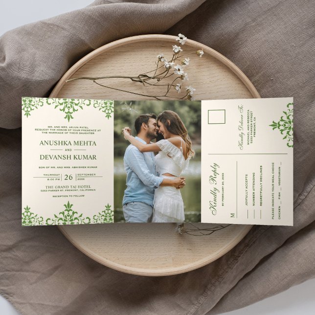 Elegant Green Damask Traditional Indian Wedding Tri-Fold Invitation (Creator Uploaded)