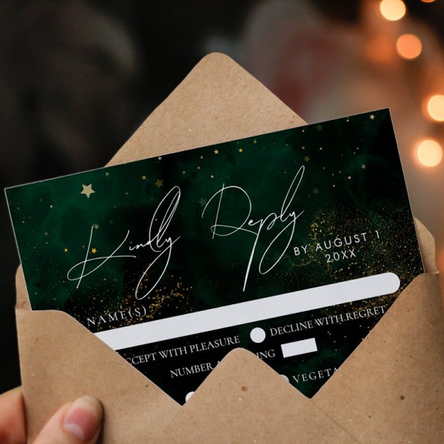Elegant Green Dark Magic Gold Wedding RSVP Card (Creator Uploaded)