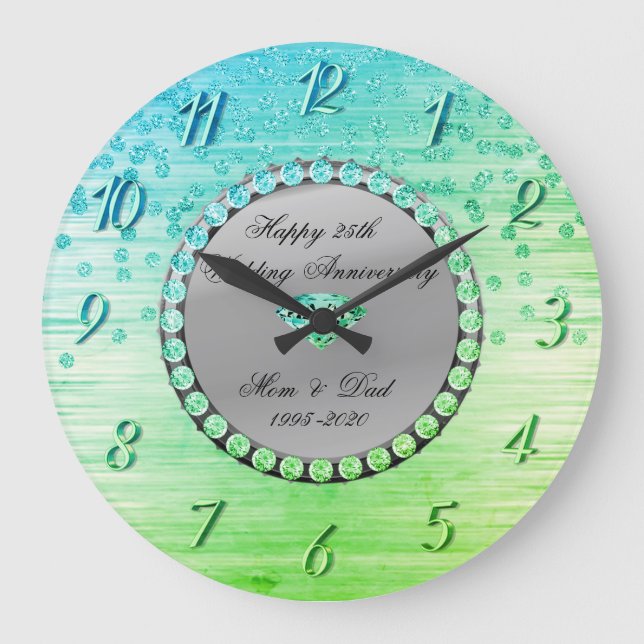 Elegant Green Diamonds 25th Wedding Anniversary Large Clock (Front)