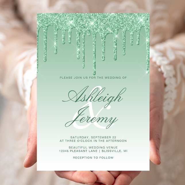 Elegant Green Dripping Glitter Script Wedding Invitation (Creator Uploaded)