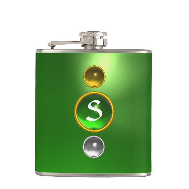ELEGANT GREEN EMERALD GEMSTONE MONOGRAM HIP FLASK (Front)