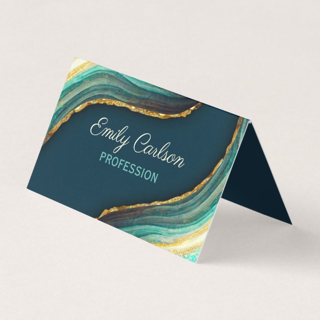 Elegant green emerald marble art faux gold glitter business card (Front)