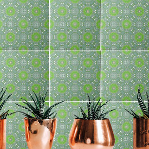 Elegant Green Ethnic Boho Mosaic Geometric Pattern Ceramic Tile