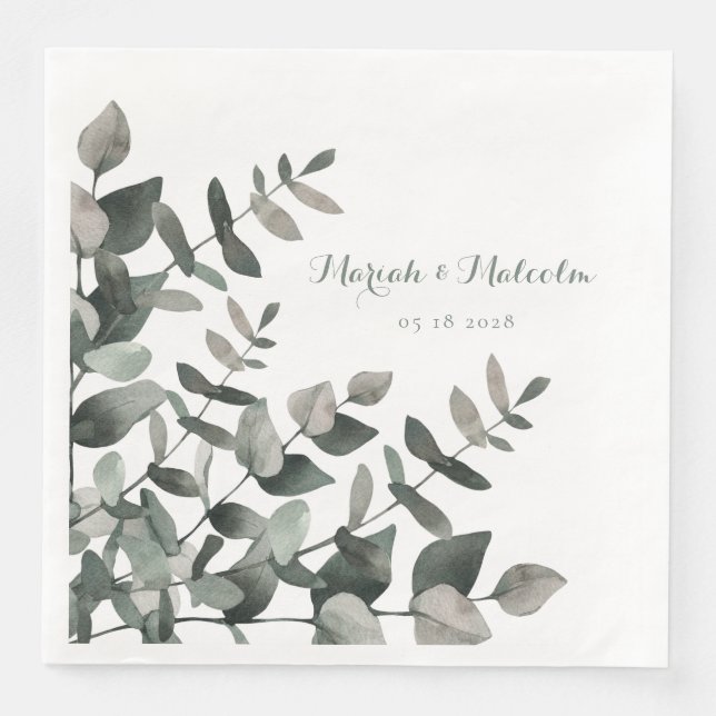 Elegant Green Eucalyptus Bouquet Wedding Paper Din Napkin (Front)