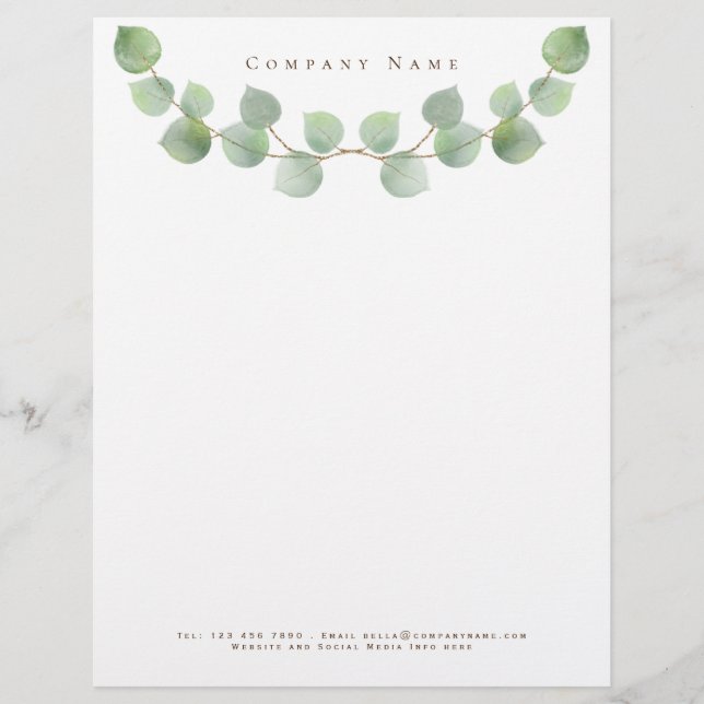 Elegant Green Eucalyptus Branch Company Details Custom Letterhead (Front)