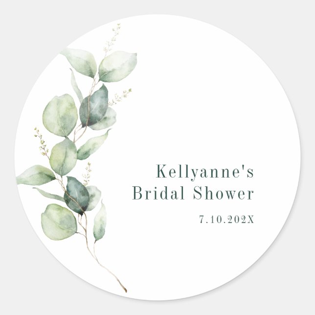Elegant Green Eucalyptus Bridal Shower Thank You Classic Round Sticker (Front)