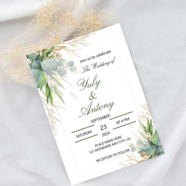 Elegant Green Eucalyptus Gold Botanical  Invitation (Green leaves modern botanical formal wedding invitation)