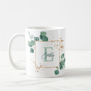 Elegant Green Eucalyptus & Gold Foil Monogram  Coffee Mug