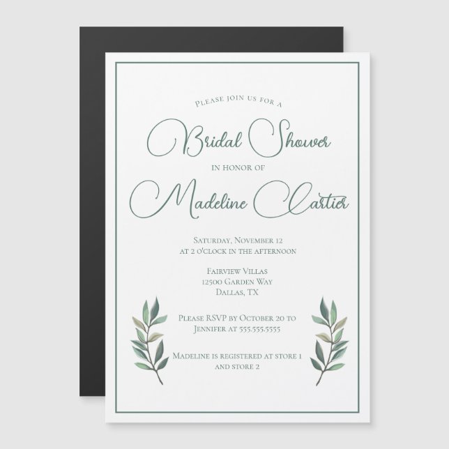 Elegant Green Eucalyptus Leaf Modern Bridal Shower Magnetic Invitation (Front/Back)