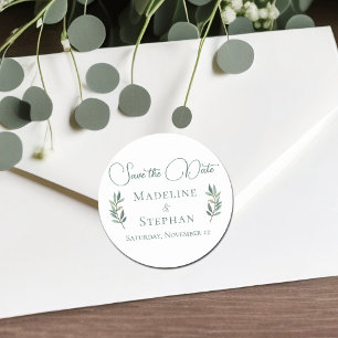 Elegant Green Eucalyptus Leaf Modern Save the Date Classic Round Sticker