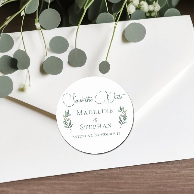 Elegant Green Eucalyptus Leaf Modern Save the Date Classic Round Sticker (Creator Uploaded)