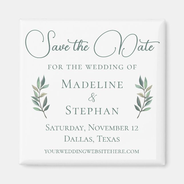 Elegant Green Eucalyptus Leaf Modern Save the Date Magnet (Front)