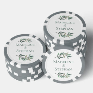 Elegant Green Eucalyptus Leaf Personalized Wedding Poker Chips