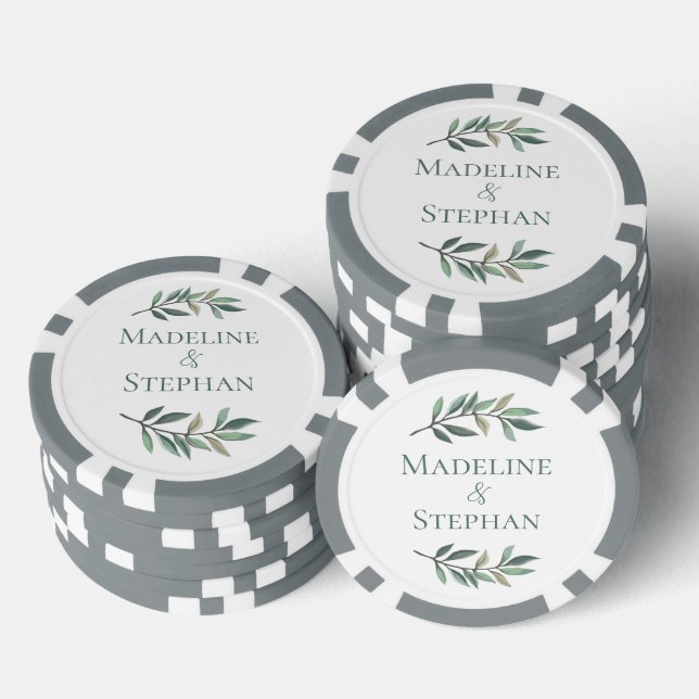 Elegant Green Eucalyptus Leaf Personalized Wedding Poker Chips (Stack)