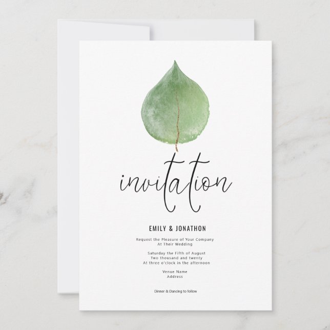 Elegant Green Eucalyptus Leaf Script Wedding Invitation (Front)
