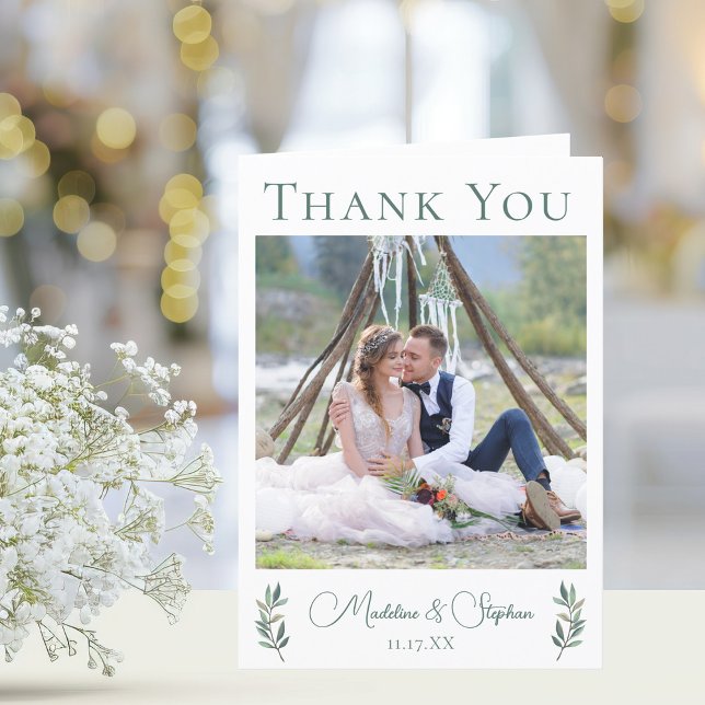 Elegant Green Eucalyptus Leaf Wedding Photo Folded Thank You Card (Creator Uploaded)