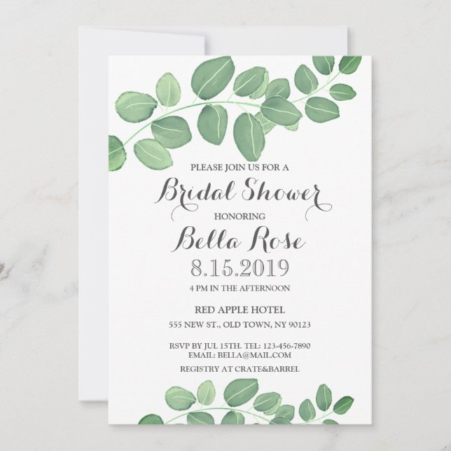 Elegant Green Eucalyptus Leafs Bridal Shower Cards (Front)