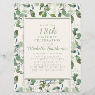 Elegant Green Eucalyptus Leaves 18th Birthday Invitation