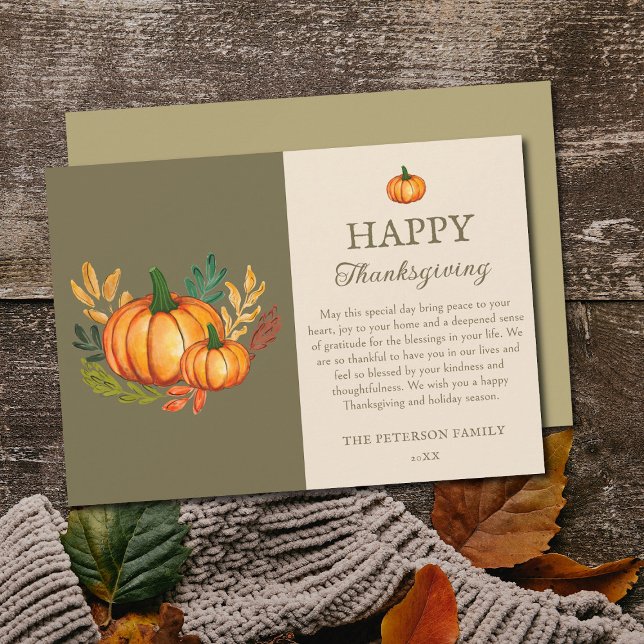 Elegant Green Fall Pumpkin Happy Thanksgiving Card (Elegant Rustic Fall Pumpkin Happy Thanksgiving Card)