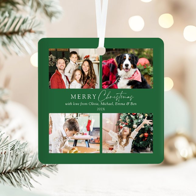Elegant Green Family 4 Photo Collage Christmas Metal Tree Decoration (Creator Uploaded)