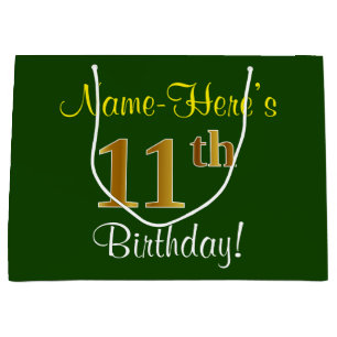 Elegant, Green, Faux Gold 11th Birthday + Name Large Gift Bag