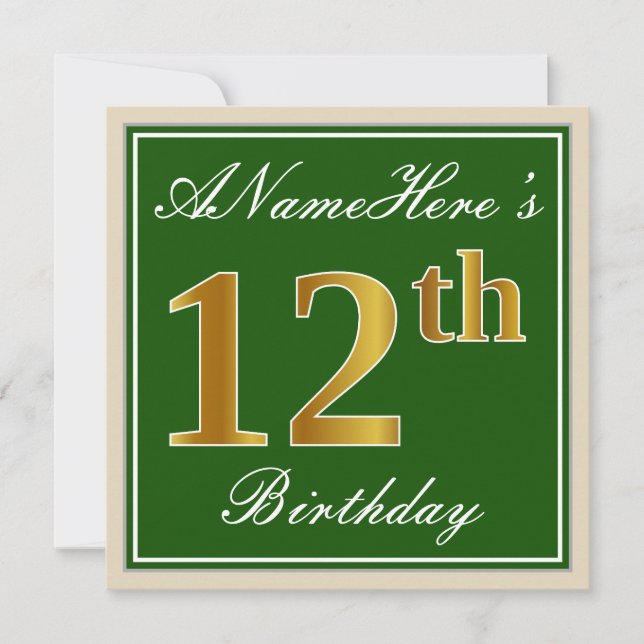 Elegant, Green, Faux Gold 12th Birthday + Name Invitation (Front)