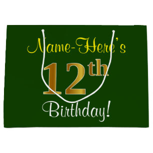 Elegant, Green, Faux Gold 12th Birthday + Name Large Gift Bag