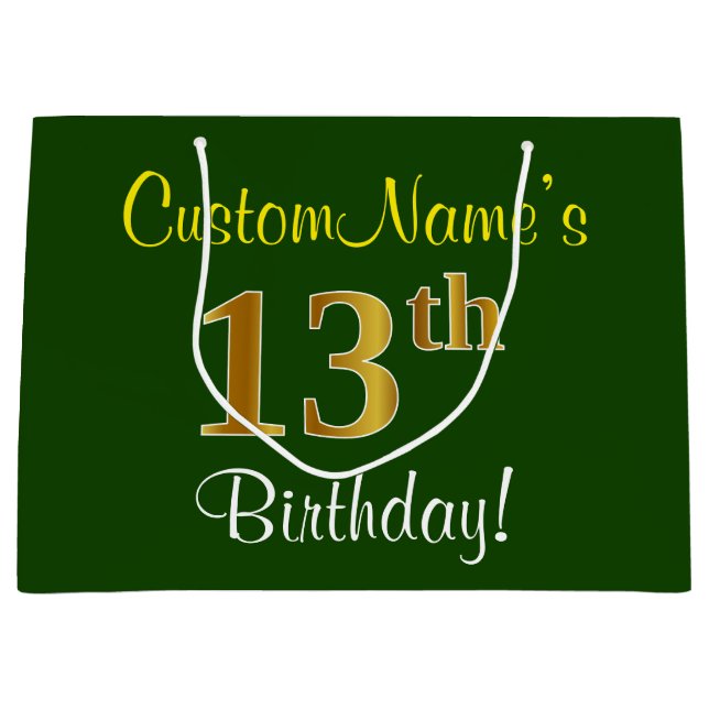 Elegant, Green, Faux Gold 13th Birthday + Name Large Gift Bag (Front)