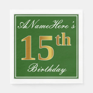 Elegant Green, Faux Gold 15th Birthday + Name Napkin