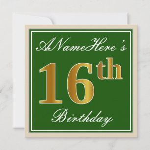 Elegant, Green, Faux Gold 16th Birthday + Name Invitation